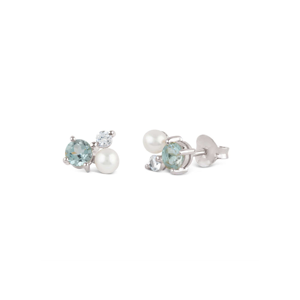 Silver Blue Topaz Gem Drop Trilogy Studs