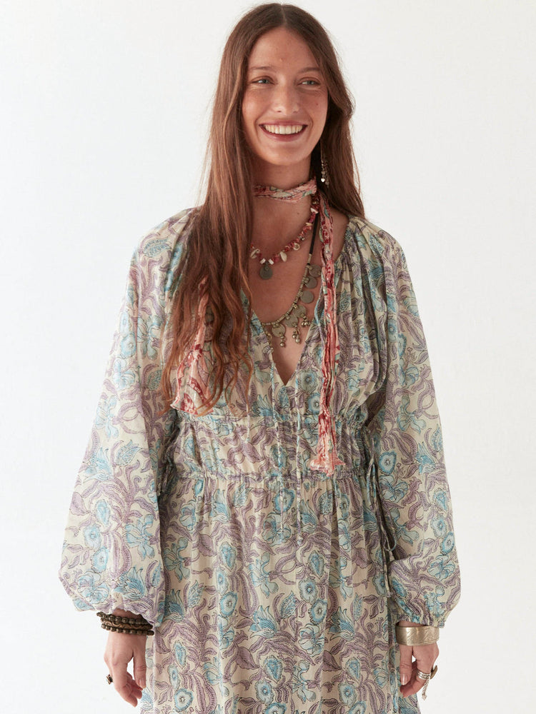 Flora Dress in Purple Paradise Hawaiian Blue Print