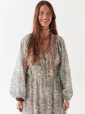 Flora Dress in Purple Paradise Hawaiian Blue Print