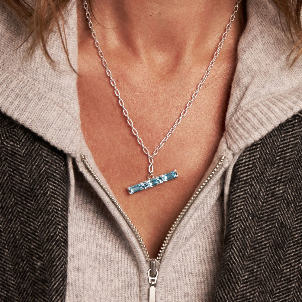 Silver Blue Topaz Gem-Set T-Bar Necklace