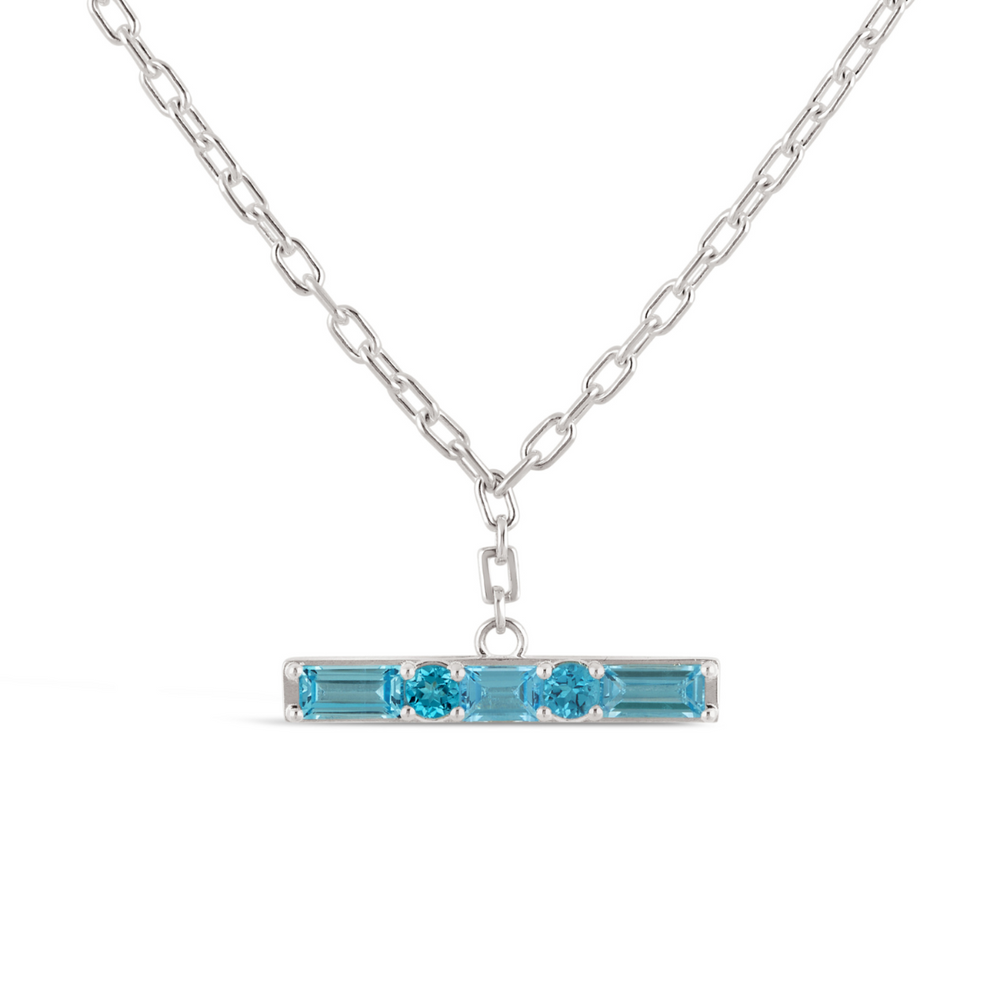Silver Blue Topaz Gem-Set T-Bar Necklace
