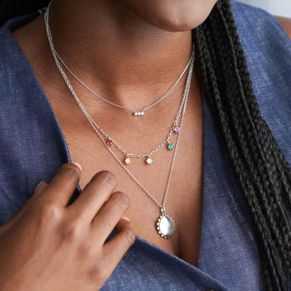 Silver Rainbow Gemstone Charm Necklace