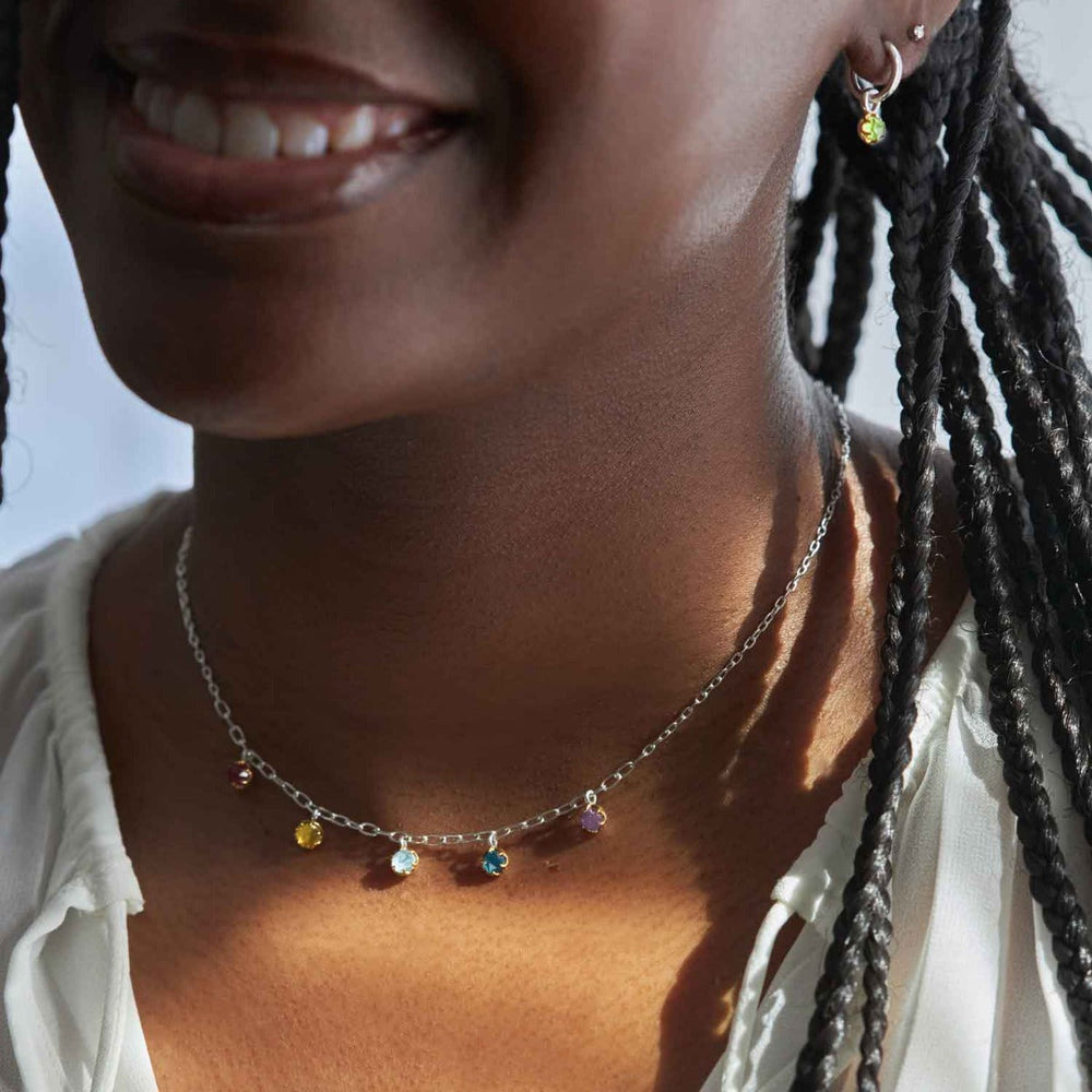 Silver Rainbow Gemstone Charm Necklace
