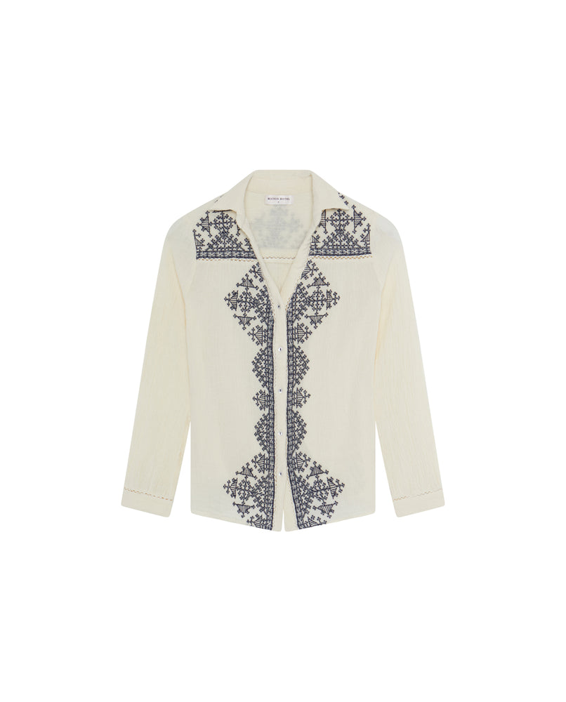 Amrit Blouse In Off White with Navy Blue Embroidery