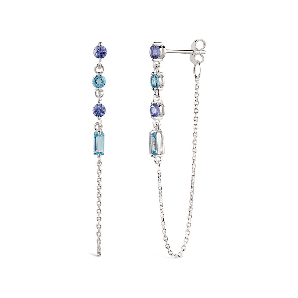Silver Blue Topaz Shuga Gemstone Chain Drop Earrings