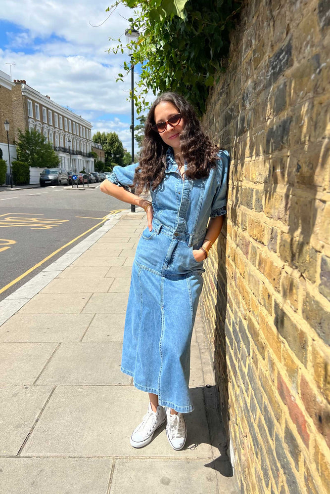 Ophelia The Ruffle Edge Fitted Denim Dress in New Day