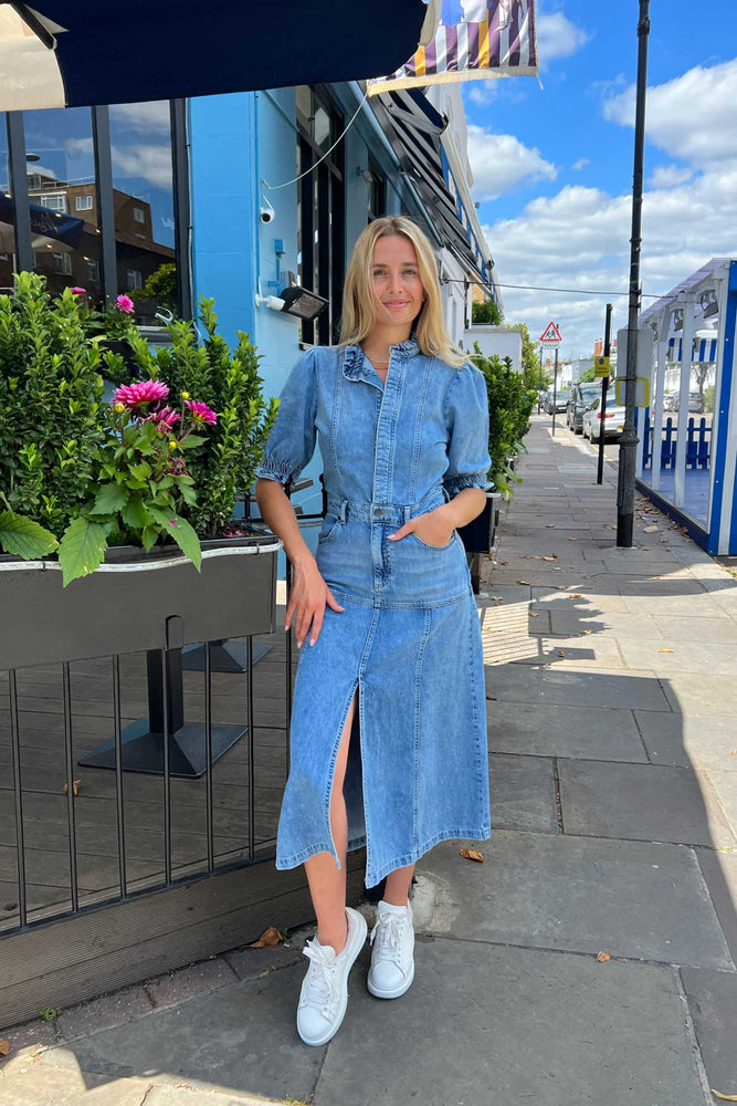 Ophelia The Ruffle Edge Fitted Denim Dress in New Day